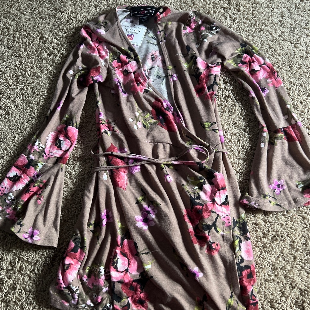 Polly & Esther Taupe Floral Wrap Dress with Pink and Green Accents